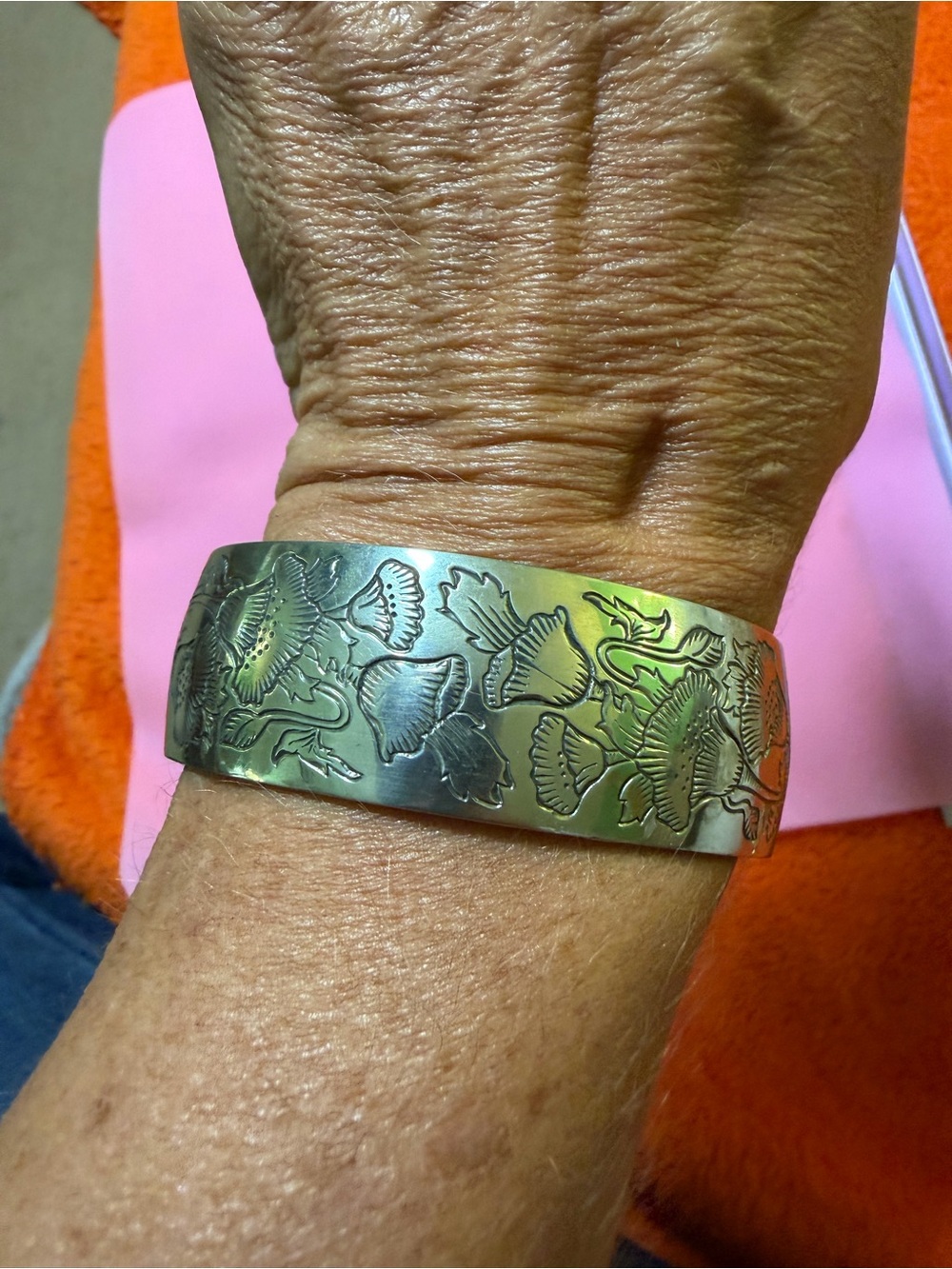 Vintage Kirk Stieff Pewter August Poppy Flower of Month Cuff Bracelet 900-8 Box